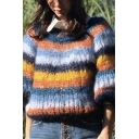 Women Loose Contrast Stripe Long Sleeve Round Neck Mohair Knitting Pullover Sweater