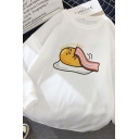Cute Cartoon Poached Egg Printed White Long Sleeve Pullover Loose Sweatshirt