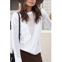 Womens Elegant Plain White Crew Neck Long Sleeve Hollowed Out Knitted Pullover Sweater Top