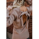 Womens Sexy Solid Color Backless Tied Back Long Sleeve Loose Pullover Sweater