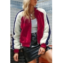 Womens Fashionable Color Blocked Stripe Long Sleeve Zip Up Regular Fit Faux Lambswool Jacket Coat
