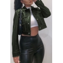 Womens Cool Lapel Collar Single-Breasted Dark Green Faux Leather Cropped Motor Jacket with Flap Pocket
