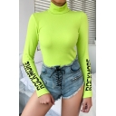 Womens Popular Letter ROCK MORE Printed Long Sleeve Turtle Neck Slim Fit Green Short Pullover Sweater