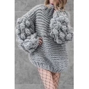 Womens Casual Solid Color High Collar Pompom Knitted Lantern Sleeve Chunky Loose Pullover Thick Sweater