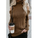 Womens Casual Coffee Turtle Neck Cold Shoulder Long Sleeve Slim Fit Chunky Knit Pullover Sweater