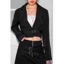 Black Notched Lapel Long Sleeve Push Buckle Belted Casual Blazer Coat for Ladies