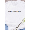 Fashionable Letter BUDDIES Printed Short Sleeve Loose Fit White T-Shirt
