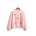 Chic Cartoon Pattern Colorful Dot Printed Long Sleeve Mock Neck Pink Pullover Sweatshirt