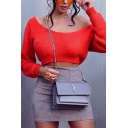 Womens Chic Pure Color One Shoulder Long Sleeve Cropped Sexy Red Knit Pullover Sweater Top