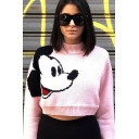 Womens Popular Pink Cute Cartoon GCDS Printed Mock Neck Long Sleeve Cropped Pullover Sweater