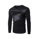 Men Leisure Black Round Neck Long Sleeve Quilted Plaid Leather Patchwork Zipper Decoration Pullover Sweatshirt