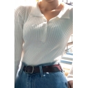 Womens Retro Plain Lapel Collar Button Down Long Sleeve Slim Fit Ribbed Knit Short Chic Pullover Sweater Top