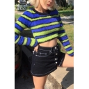 Womens Simple Blue and Green Stripes Round Neck Long Sleeve Cropped Fluffy Mohair Pullover Sweater