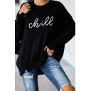 Simple CHILL Letter Printed Long Sleeve Crewneck Distressed Trim Black Oversized Pullover Sweater