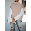 Womens New Trendy Color Block Long Sleeve Turtle Neck Oversized Pullover Sweater