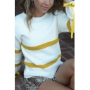 Womens Simple Colorblock Tape Printed Ribbed Embellished Long Sleeve White Loose Sweater