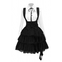 Women's Gothic White Long Sleeve Single-Breasted Shirt & Black Knee Length Ruffle Layered Overall Skirt Two Piece Set Lolita Cosplay Dress