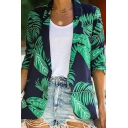 Green Leaf Printed Long Sleeve Notched Collar Open Front Slim Fit Casual Streetwear Blazer Coat