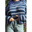 Cute Letter Embroidery Stripes Printed Long Sleeve Mock Neck Blue Oversized Pullover Sweater