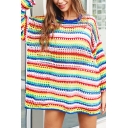 Womens Loose Rainbow Stripes Print Drop Sleeve Long Sleeve Hollow Out Detail Longline Knitted Sweater