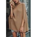 Womens Fashionable Solid Color Camel Cloak Style Turtleneck Knitted Sweater