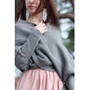 Womens Elegant Plain Light Gray Off Shoulder Cross Front Wrap Sweater Cropped Shawl Top