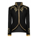 Men's Vintage British Style Gold Floral Embroidery Stand Collar Zip Up Palace Prince Asymmetric Tuxedo Blazer