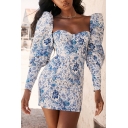 Womens Allover Blue Floral Print Puff Long Sleeve Slim Fitted Mini Sweetheart Dress for Party