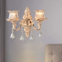 Contemporary Flower Prism Glass Wall Lamp 1/2 Heads Sconce Light in Brass with Crystal Drop Decoration