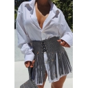 Sparkle Cool High Waisted Lace Up Front Sequined Plain Fitted Mini Fringe Skirt for Party Girls