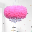 Round Feather Chandelier Light Modern 1 Light Pink Hanging Pendant Light with Crystal Drop