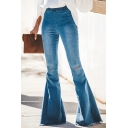 Elegant Ladies' Elastic Waist Bleach Ripped Full Length Slim Fit Flared Jeans in Dark Blue