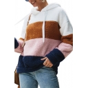 Winter Chic Colorblocked Stripes Pattern Long Sleeve Soft Fuzzy Oversized Drawstring Hoodie