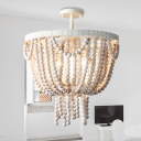 Wooden Beaded Bowl Shape Ceiling Pendant French Style 4 Lights Living Room Chandelier Lamp in White