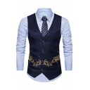 Unique Floral Embroidery Decorated Single Breasted V-Neck Slim Fitted Blazer Vest with Welt Pocket