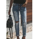 Fashion Light Blue Mid Rise Button Down Bleach Ripped Rolled Cuffs Ankle Slim Fit Straight Jeans for Women