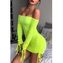Womens Plain Off the Shoulder Long Sleeve Classic Side Drawstring Design Ruched Bodycon Mini Dress