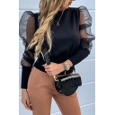 Womens Exclusive Mesh Patched Puff Long Sleeve Slim Fit Stretchy Plain Top