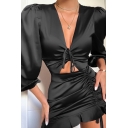 Womens Solid Color Lantern Sleeve V Neck Drawstring Ruched Cut Out Front Ruffle Hem Mini Sexy Nightclub Dress
