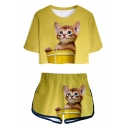 Fancy Cat 3D Printed Short Sleeve Cropped Top with Elastic Waist Dolphin Sports Shorts Co-ords