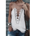 Womens New Trendy Plain Lace-Up Sleeveless Lace Trim Sexy Clubwear Cami Top
