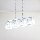 Cubic Island Lamp Contemporary Crystal Block 4 Heads Chrome Hanging Ceiling Light