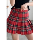 Classic Red High Waist Plaid Print Button Side Double Layer Pleated Flared Mini A-Line Skirt for Girls