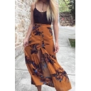 Fancy Ladies' High Waist Button Down Floral Print Slit Front Ruffled Trim Maxi Flowy Skirt in Yellow