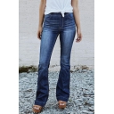 Basic Fashion Women's Elastic Waist Bleach Full Length Slim Fit Flared Jeans in Dark Blue