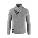 Mens Designer Leather Buckle Embellished Shawl Neck Cable Knitted Chunky Fitted Plain Sweater
