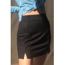 Classic Basic High Waist Slit Side Black Tight Mini Skirt for Hot Girls