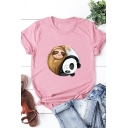 Cute Sloths and Panda Print Short Sleeve Crew Neck Casual T-Shirt