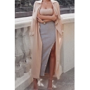 Plain Elegant High Waist Button High Slit Side Knit Long Bodycon Skirt for Ladies