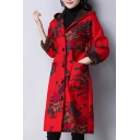 Stylish Floral Printed Long Sleeve Single Breasted Tribal Style Tunic Wool Coat